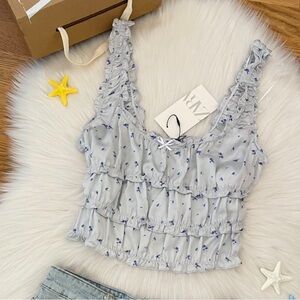 Zara Cropped Blue Floral Satin Top XL NWT